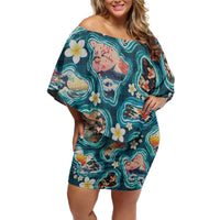 Hawaiian and Japanese Culture Together Family Matching Off Shoulder Short Dress and Hawaiian Shirt Hawaiian Island Shapes with Japanese Landscape Teal Color