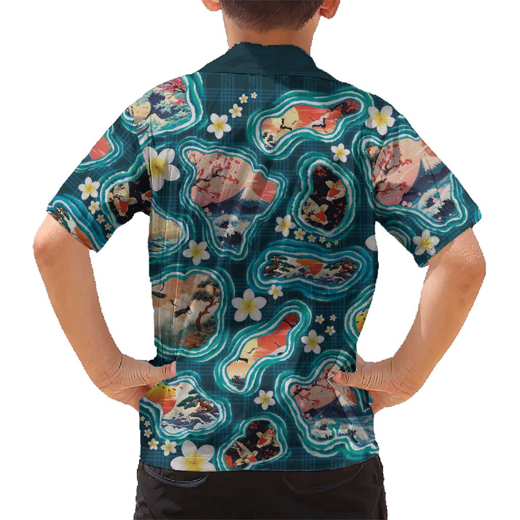 Hawaiian and Japanese Culture Together Family Matching Puletasi and Hawaiian Shirt Hawaiian Island Shapes with Japanese Landscape Teal Color LT03 - Polynesian Pride
