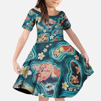 Hawaiian and Japanese Culture Together Family Matching Puletasi and Hawaiian Shirt Hawaiian Island Shapes with Japanese Landscape Teal Color LT03 Daughter's Dress Teal - Polynesian Pride