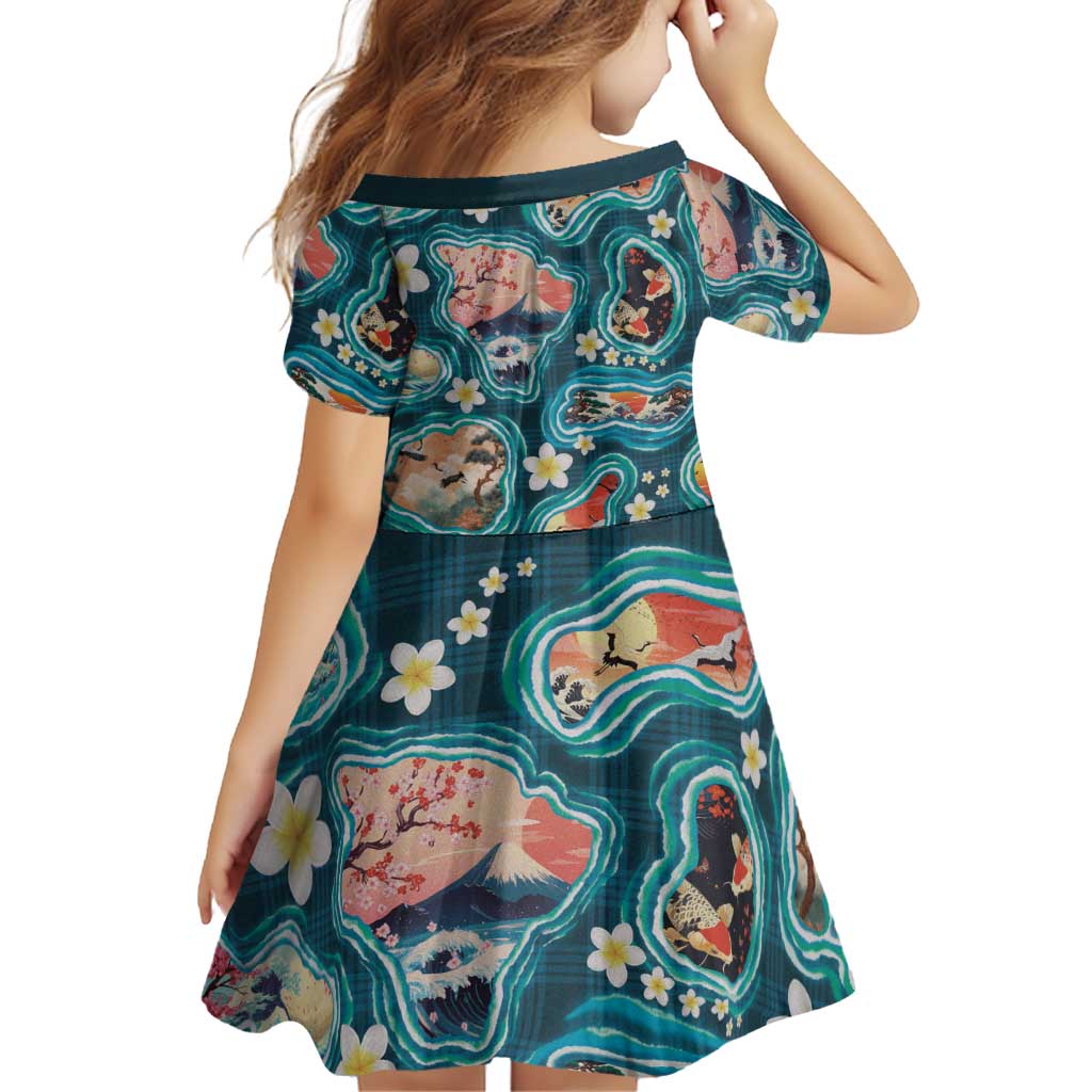 Hawaiian and Japanese Culture Together Family Matching Puletasi and Hawaiian Shirt Hawaiian Island Shapes with Japanese Landscape Teal Color LT03 - Polynesian Pride