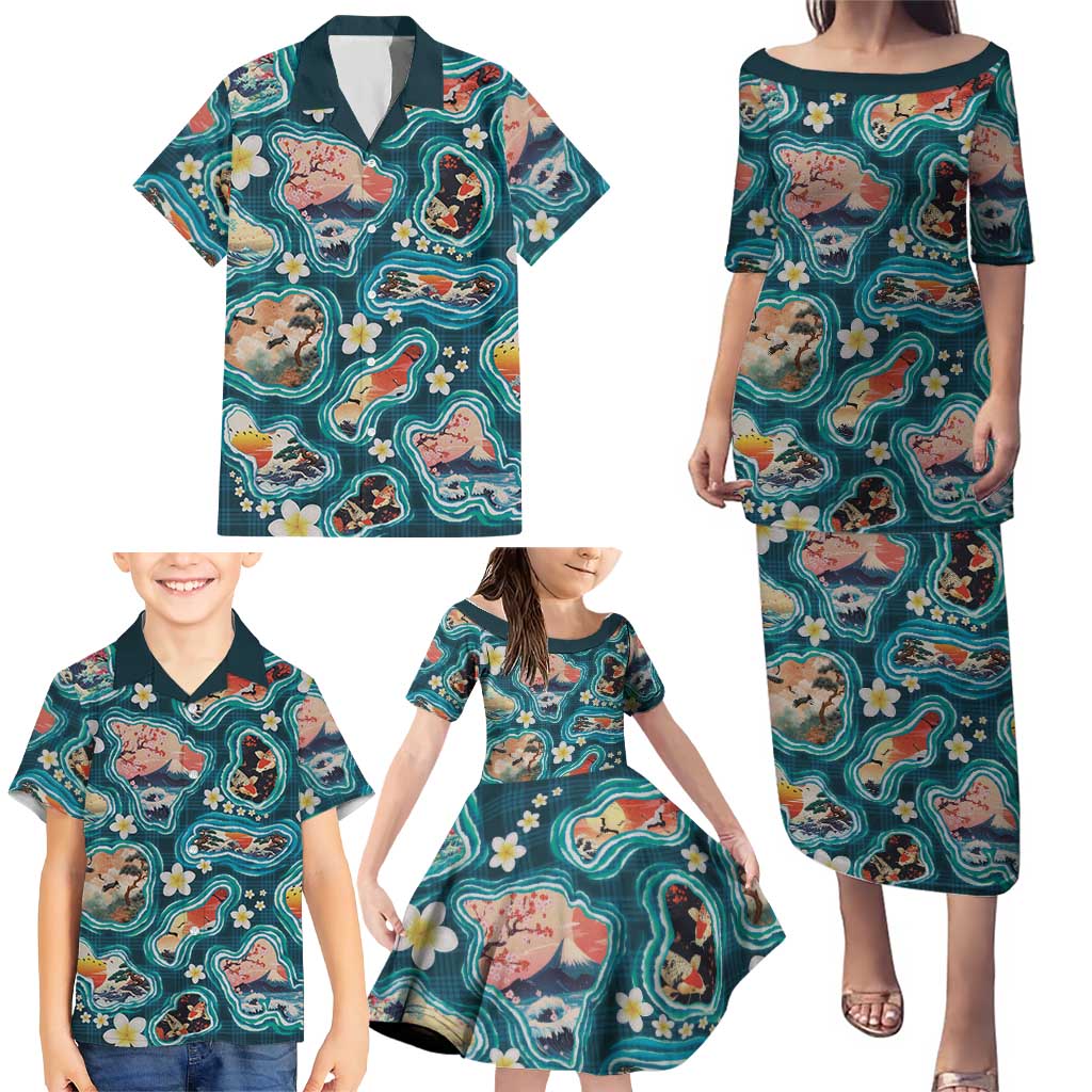 Hawaiian and Japanese Culture Together Family Matching Puletasi and Hawaiian Shirt Hawaiian Island Shapes with Japanese Landscape Teal Color LT03 - Polynesian Pride