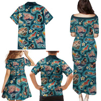 Hawaiian and Japanese Culture Together Family Matching Puletasi and Hawaiian Shirt Hawaiian Island Shapes with Japanese Landscape Teal Color LT03 - Polynesian Pride