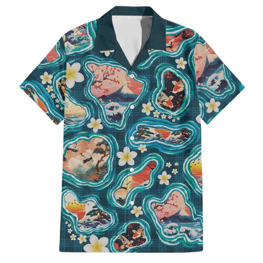 Hawaiian and Japanese Culture Together Family Matching Puletasi and Hawaiian Shirt Hawaiian Island Shapes with Japanese Landscape Teal Color LT03 Dad's Shirt - Short Sleeve Teal - Polynesian Pride