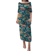 Hawaiian and Japanese Culture Together Family Matching Puletasi and Hawaiian Shirt Hawaiian Island Shapes with Japanese Landscape Teal Color LT03 Mom's Dress Teal - Polynesian Pride