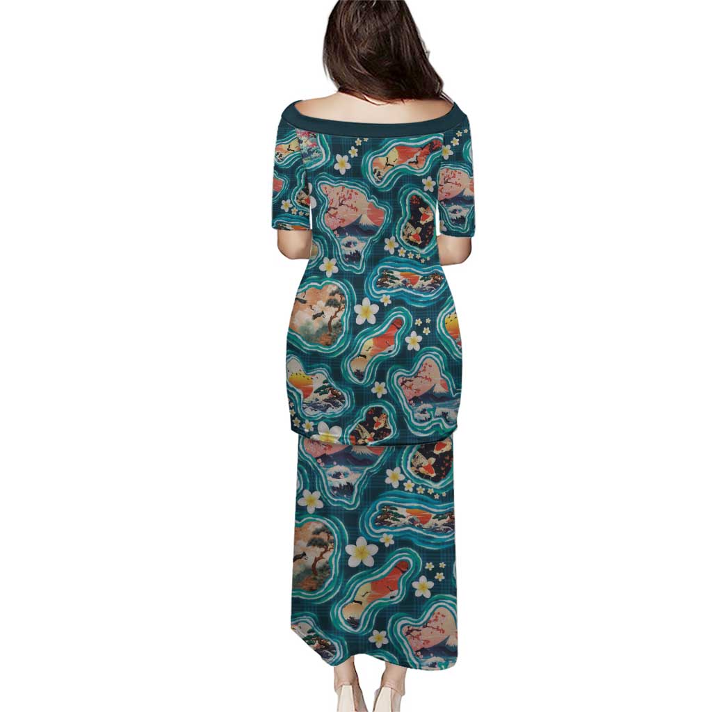 Hawaiian and Japanese Culture Together Family Matching Puletasi and Hawaiian Shirt Hawaiian Island Shapes with Japanese Landscape Teal Color LT03 - Polynesian Pride
