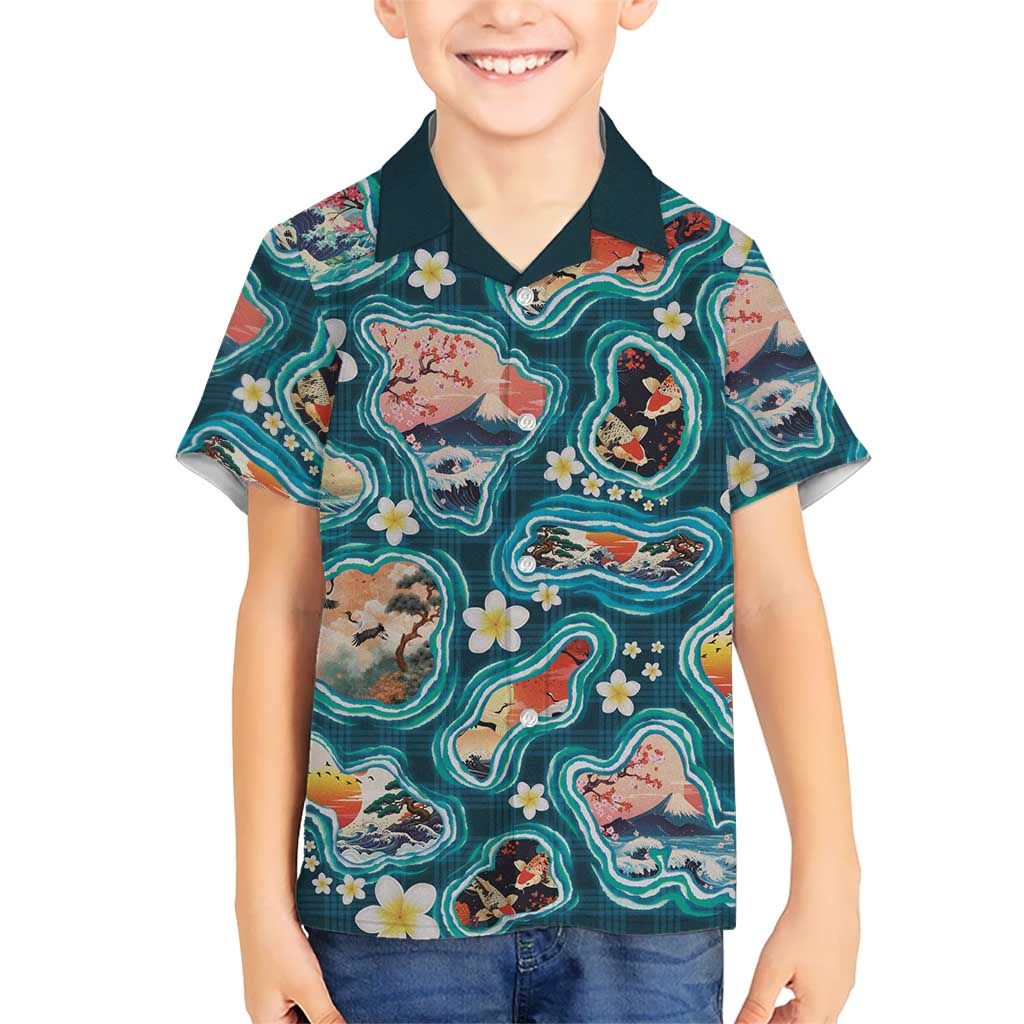 Hawaiian and Japanese Culture Together Family Matching Puletasi and Hawaiian Shirt Hawaiian Island Shapes with Japanese Landscape Teal Color LT03 Son's Shirt Teal - Polynesian Pride