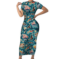 Hawaiian and Japanese Culture Together Family Matching Short Sleeve Bodycon Dress and Hawaiian Shirt Hawaiian Island Shapes with Japanese Landscape Teal Color