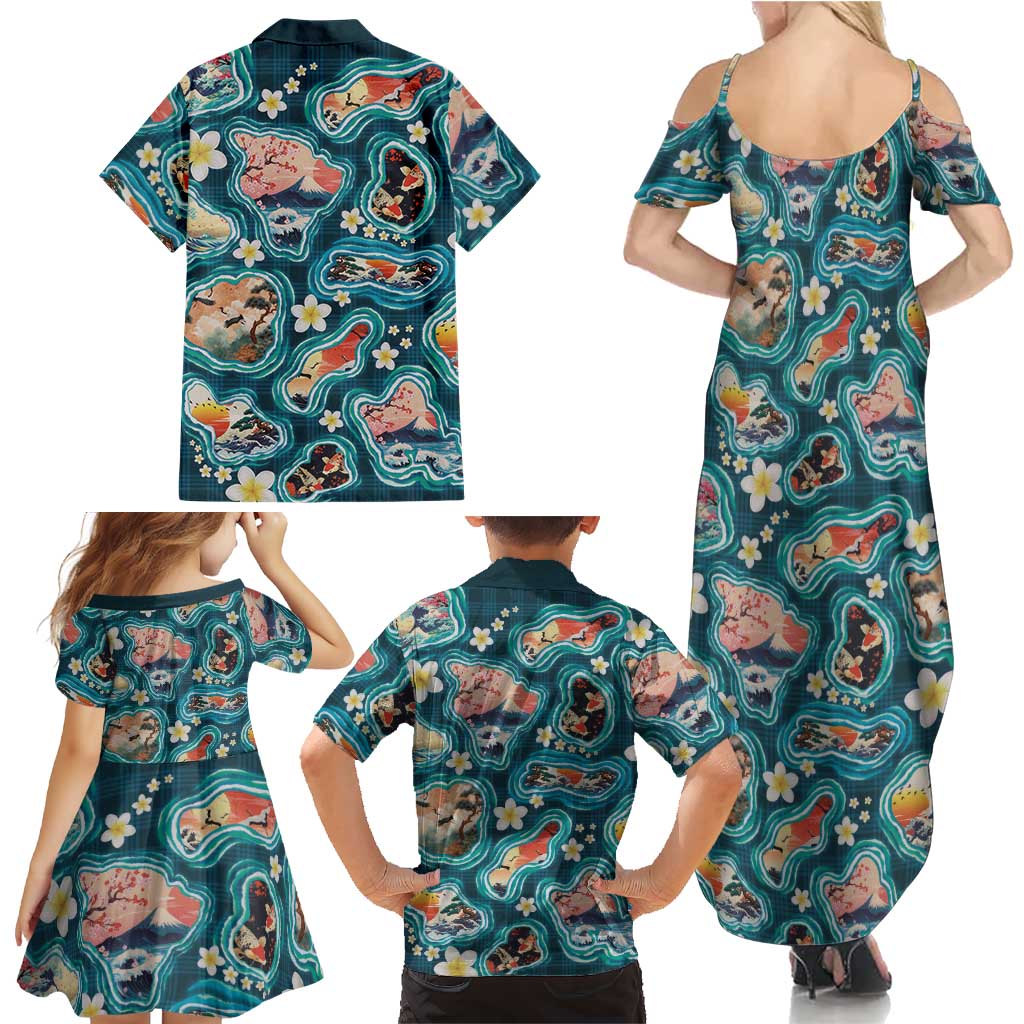 Hawaiian and Japanese Culture Together Family Matching Summer Maxi Dress and Hawaiian Shirt Hawaiian Island Shapes with Japanese Landscape Teal Color
