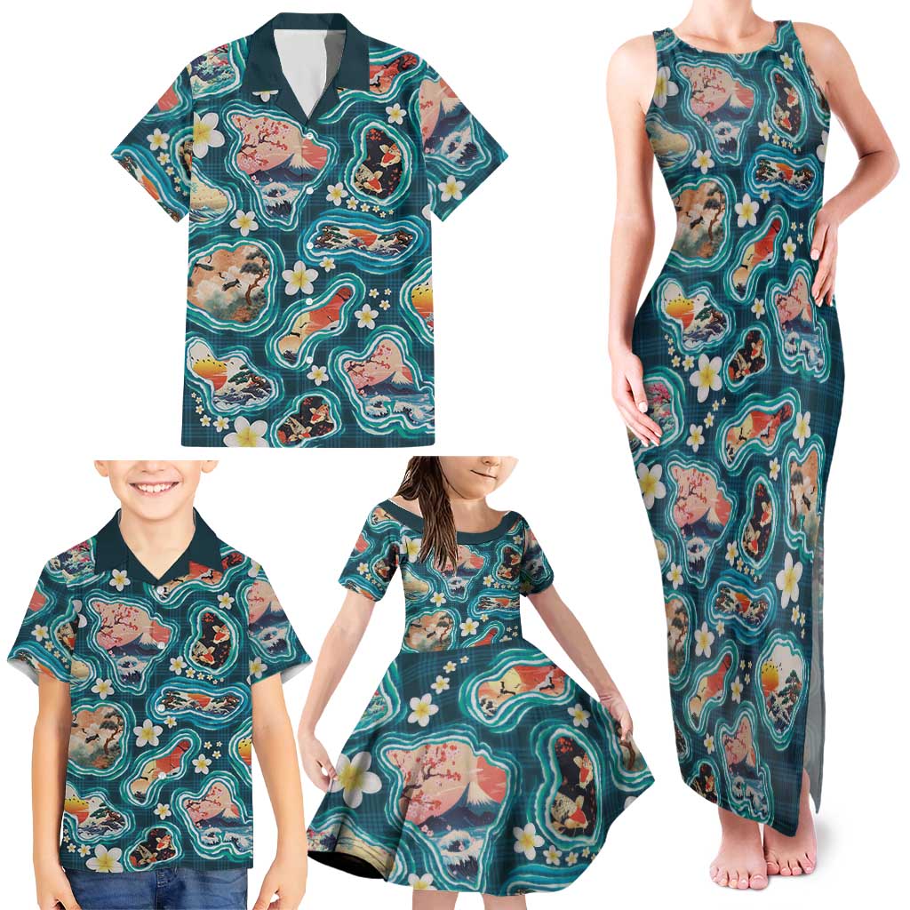 Hawaiian and Japanese Culture Together Family Matching Tank Maxi Dress and Hawaiian Shirt Hawaiian Island Shapes with Japanese Landscape Teal Color