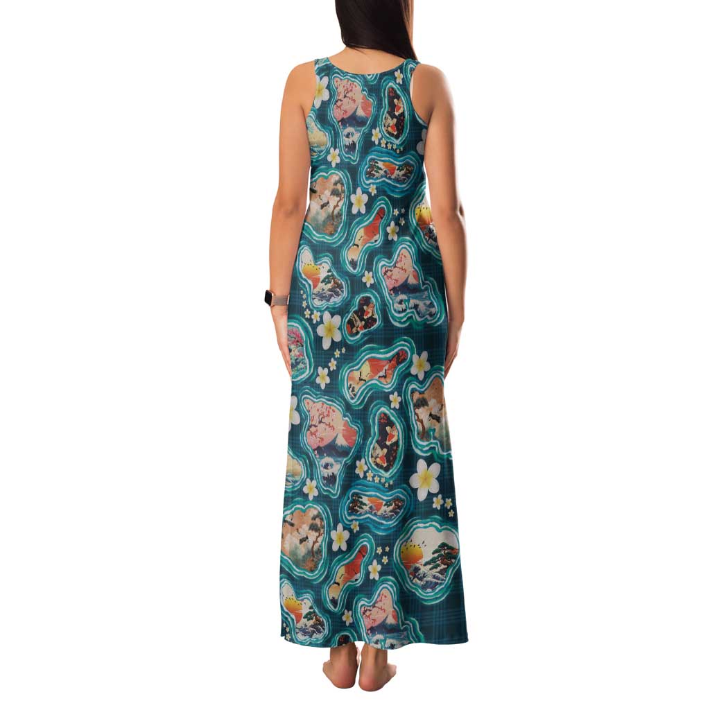 Hawaiian and Japanese Culture Together Family Matching Tank Maxi Dress and Hawaiian Shirt Hawaiian Island Shapes with Japanese Landscape Teal Color