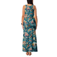 Hawaiian and Japanese Culture Together Family Matching Tank Maxi Dress and Hawaiian Shirt Hawaiian Island Shapes with Japanese Landscape Teal Color