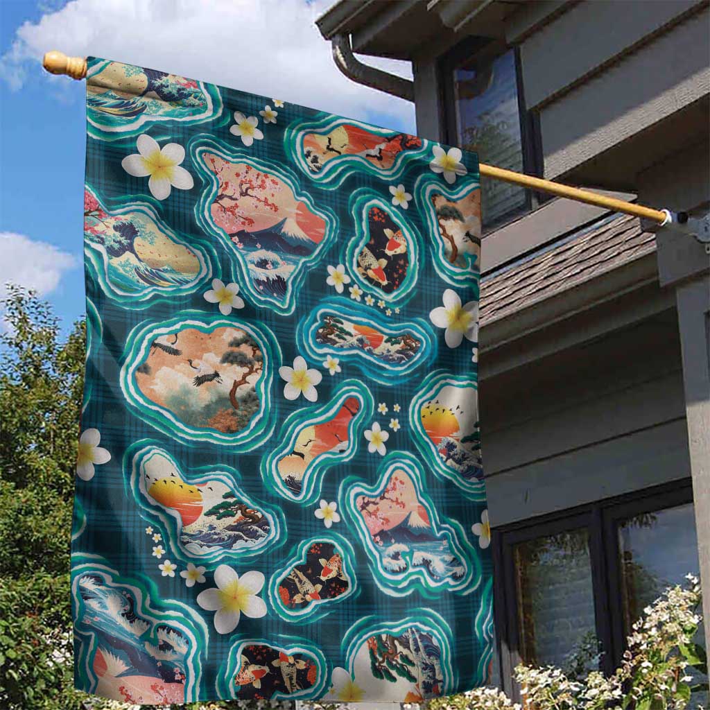 Hawaiian and Japanese Culture Together Garden Flag Hawaiian Island Shapes with Japanese Landscape Teal Color