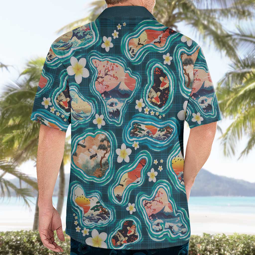 Hawaiian and Japanese Culture Together Hawaiian Shirt Hawaiian Island Shapes with Japanese Landscape Teal Color