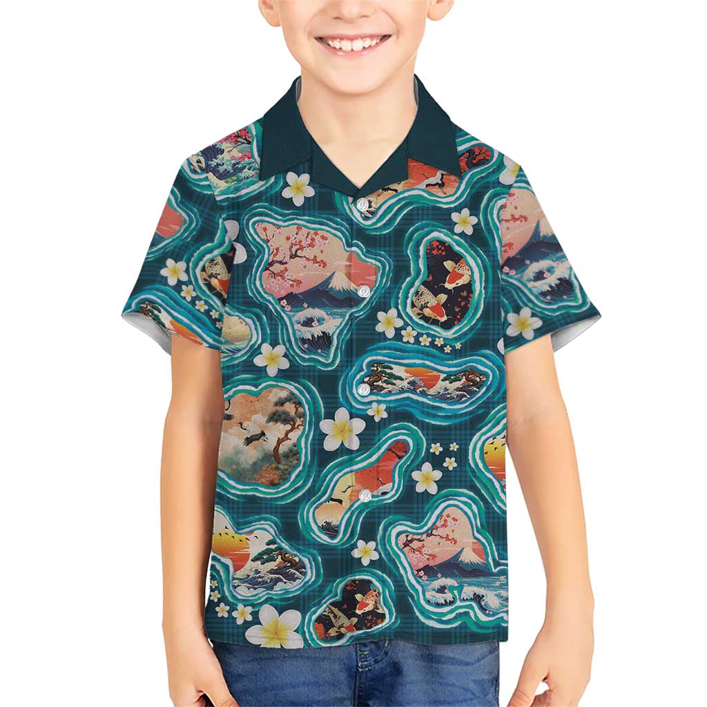 Hawaiian and Japanese Culture Together Hawaiian Shirt Hawaiian Island Shapes with Japanese Landscape Teal Color