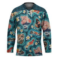 Hawaiian and Japanese Culture Together Hockey Jersey Hawaiian Island Shapes with Japanese Landscape Teal Color