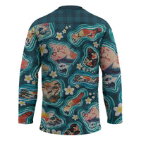 Hawaiian and Japanese Culture Together Hockey Jersey Hawaiian Island Shapes with Japanese Landscape Teal Color