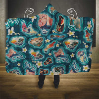 Hawaiian and Japanese Culture Together Hooded Blanket Hawaiian Island Shapes with Japanese Landscape Teal Color