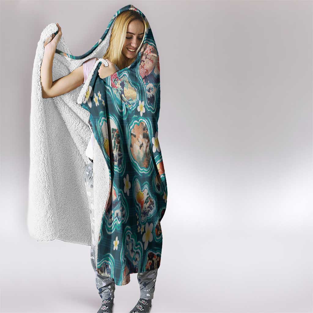 Hawaiian and Japanese Culture Together Hooded Blanket Hawaiian Island Shapes with Japanese Landscape Teal Color