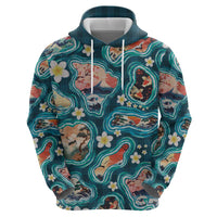 Hawaiian and Japanese Culture Together Hoodie Hawaiian Island Shapes with Japanese Landscape Teal Color