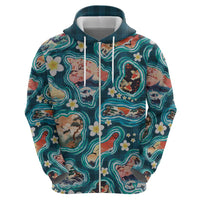 Hawaiian and Japanese Culture Together Hoodie Hawaiian Island Shapes with Japanese Landscape Teal Color
