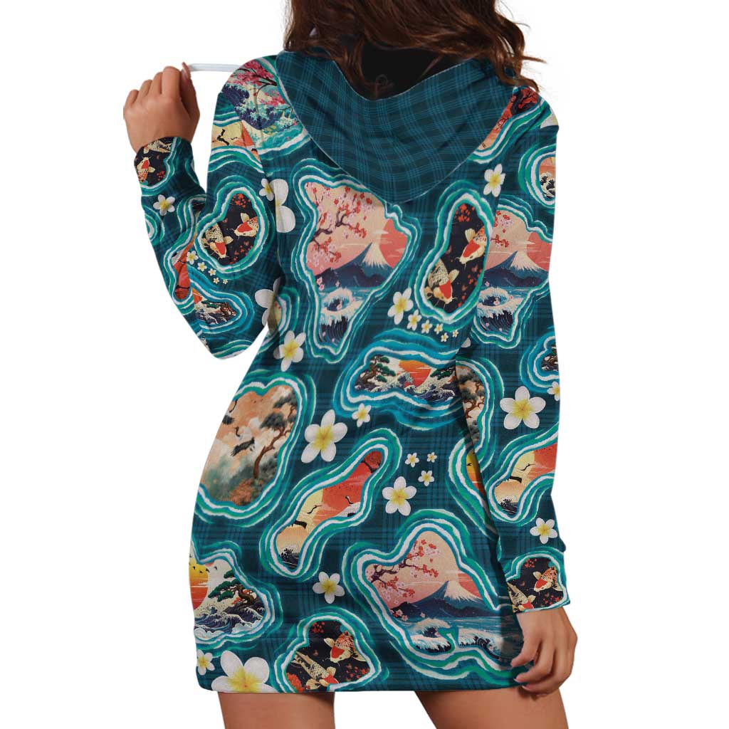 Hawaiian and Japanese Culture Together Hoodie Dress Hawaiian Island Shapes with Japanese Landscape Teal Color LT03 - Polynesian Pride