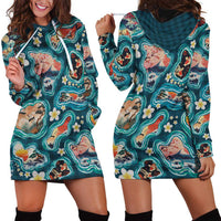 Hawaiian and Japanese Culture Together Hoodie Dress Hawaiian Island Shapes with Japanese Landscape Teal Color LT03 - Polynesian Pride