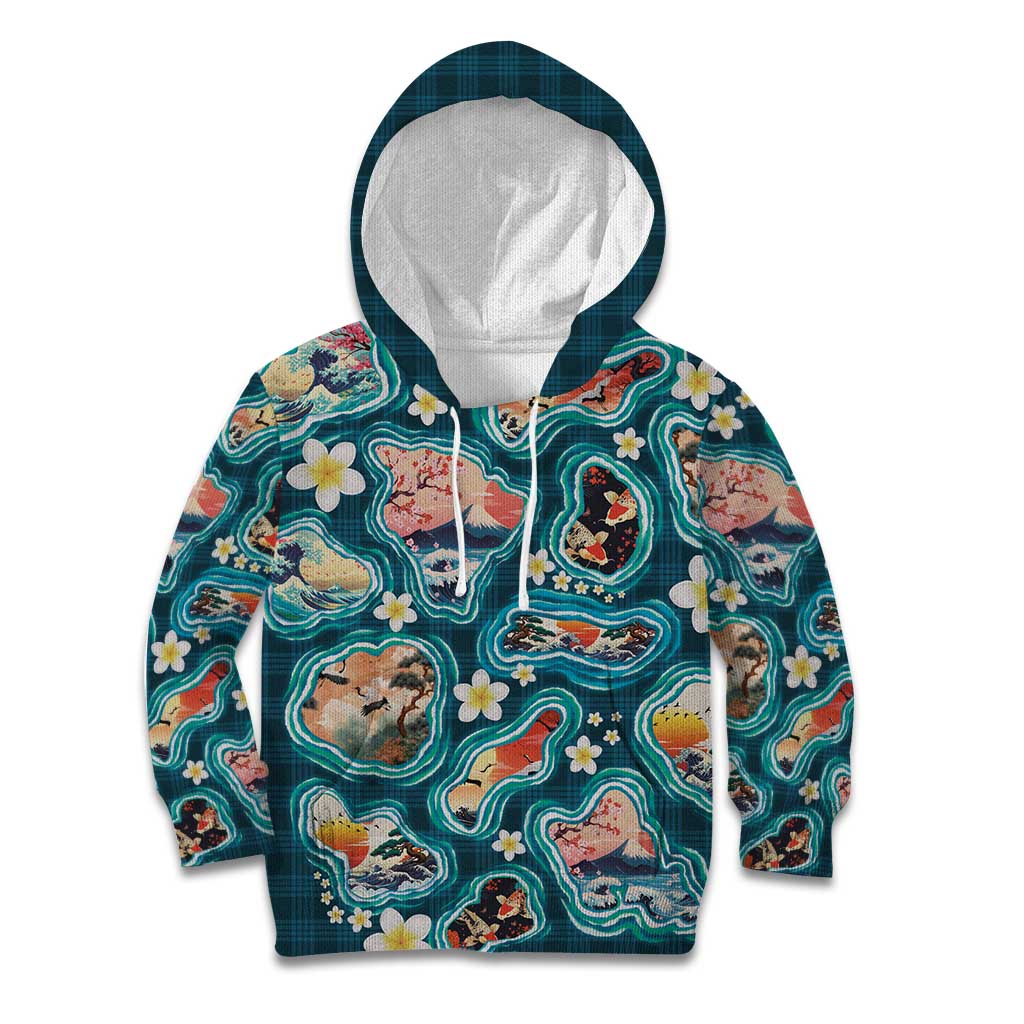 Hawaiian and Japanese Culture Together Kid Hoodie Hawaiian Island Shapes with Japanese Landscape Teal Color