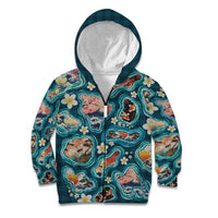 Hawaiian and Japanese Culture Together Kid Hoodie Hawaiian Island Shapes with Japanese Landscape Teal Color