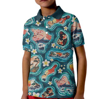 Hawaiian and Japanese Culture Together Kid Polo Shirt Hawaiian Island Shapes with Japanese Landscape Teal Color