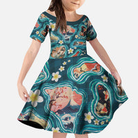 Hawaiian and Japanese Culture Together Kid Short Sleeve Dress Hawaiian Island Shapes with Japanese Landscape Teal Color