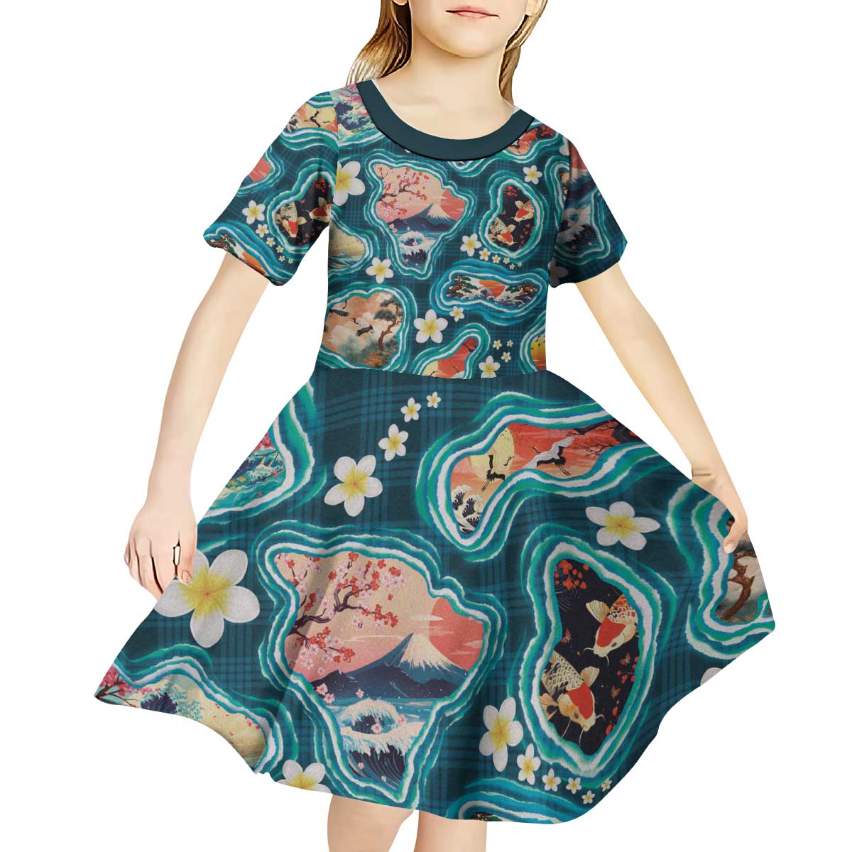 Hawaiian and Japanese Culture Together Kid Short Sleeve Dress Hawaiian Island Shapes with Japanese Landscape Teal Color
