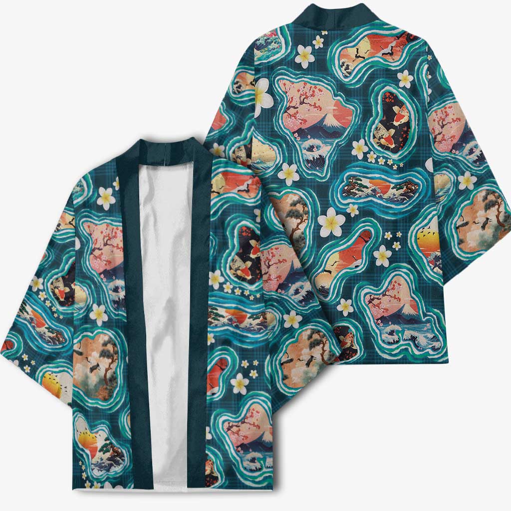 Hawaiian and Japanese Culture Together Kimono Hawaiian Island Shapes with Japanese Landscape Teal Color