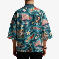 Hawaiian and Japanese Culture Together Kimono Hawaiian Island Shapes with Japanese Landscape Teal Color