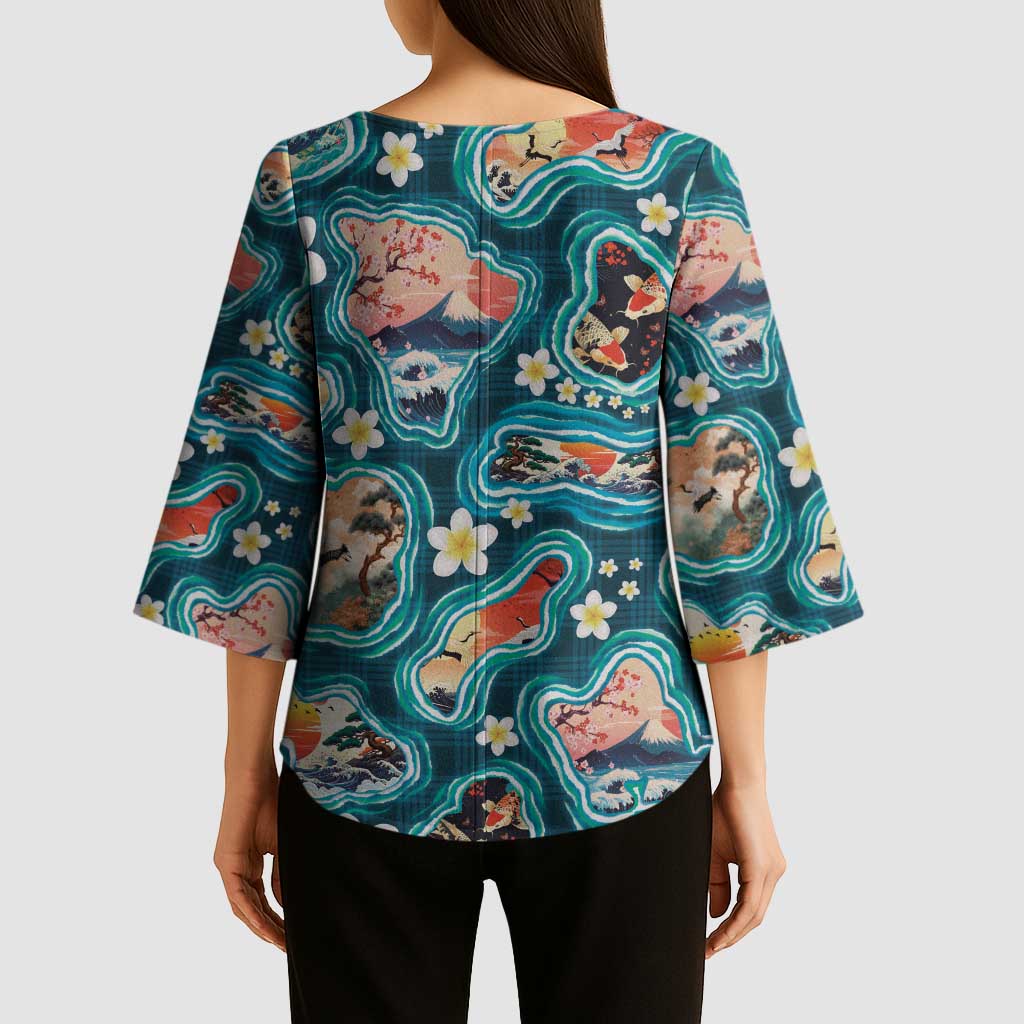 Hawaiian and Japanese Culture Together Kimono Sleeve Blouse Hawaiian Island Shapes with Japanese Landscape Teal Color