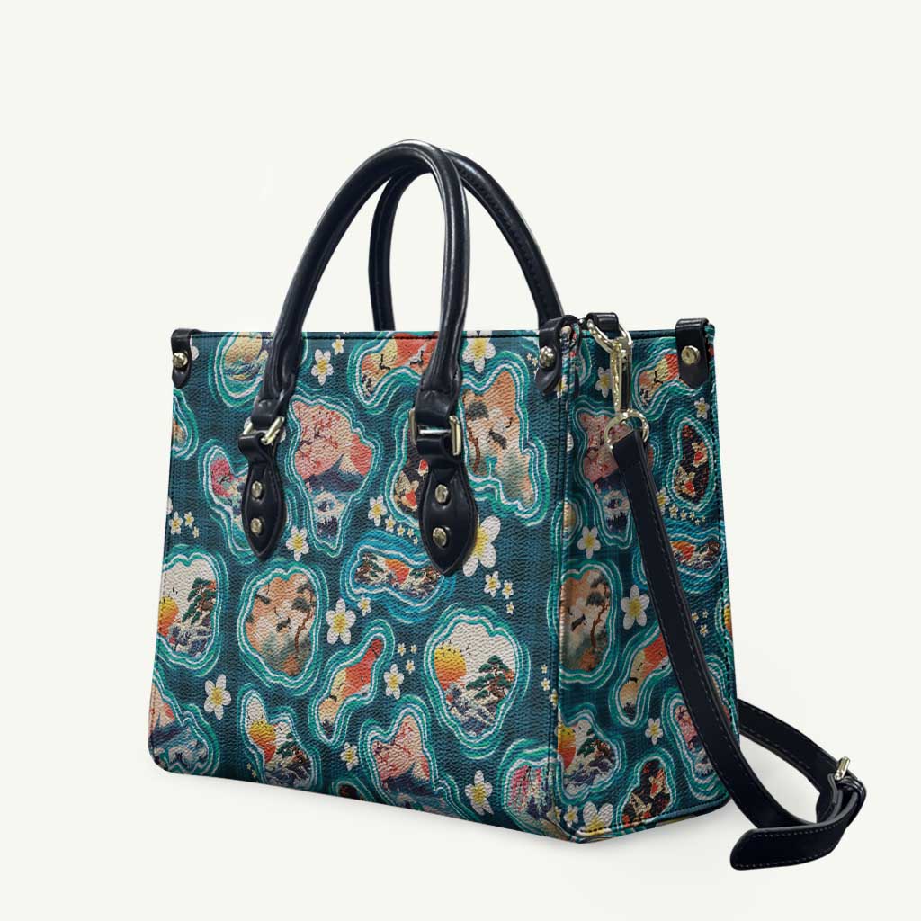 Hawaiian and Japanese Culture Together Leather Bag Hawaiian Island Shapes with Japanese Landscape Teal Color