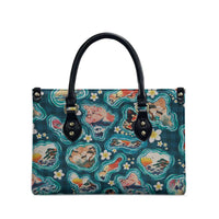 Hawaiian and Japanese Culture Together Leather Bag Hawaiian Island Shapes with Japanese Landscape Teal Color