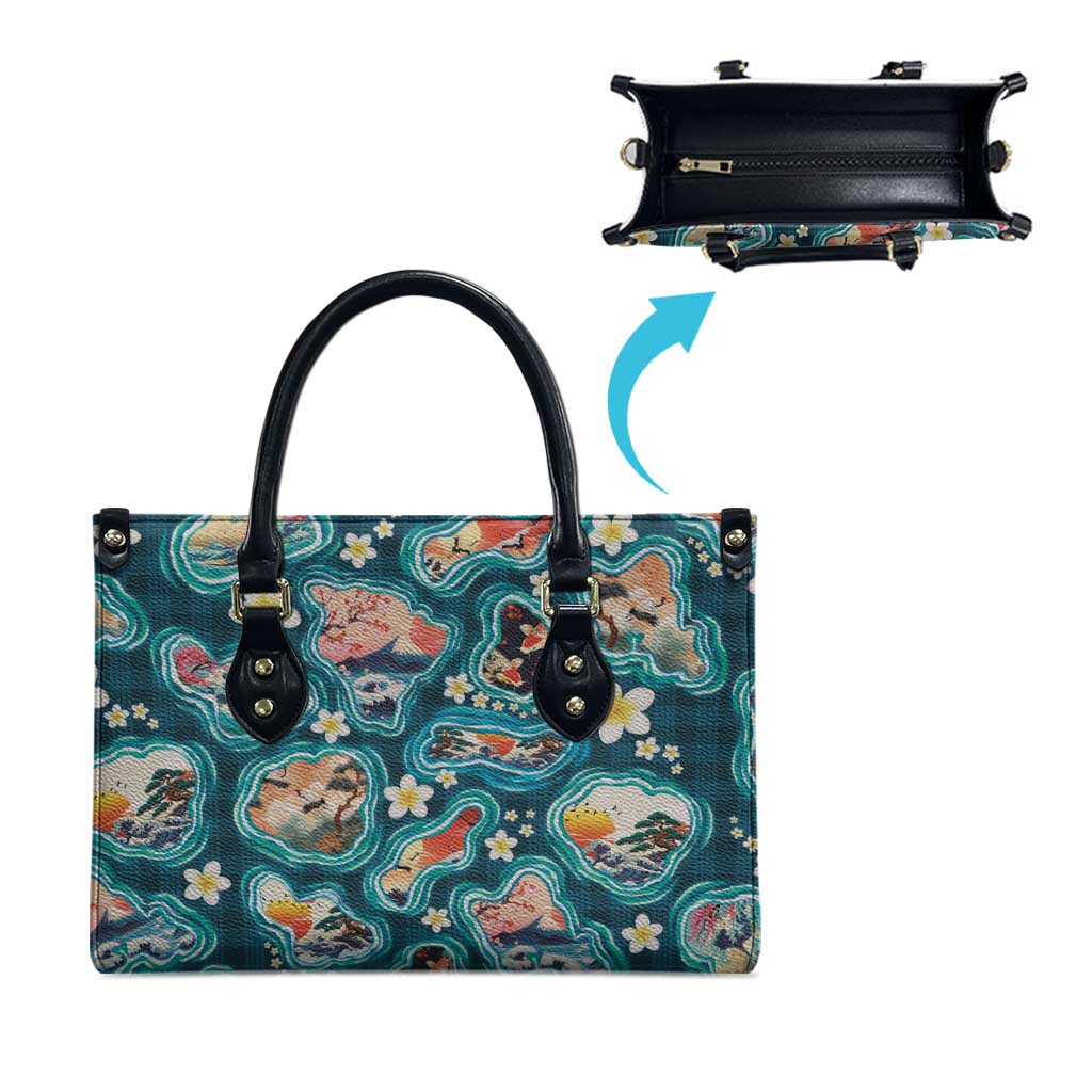 Hawaiian and Japanese Culture Together Leather Bag Hawaiian Island Shapes with Japanese Landscape Teal Color