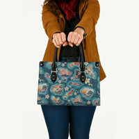 Hawaiian and Japanese Culture Together Leather Bag Hawaiian Island Shapes with Japanese Landscape Teal Color