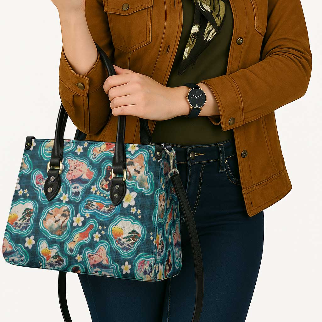 Hawaiian and Japanese Culture Together Leather Bag Hawaiian Island Shapes with Japanese Landscape Teal Color