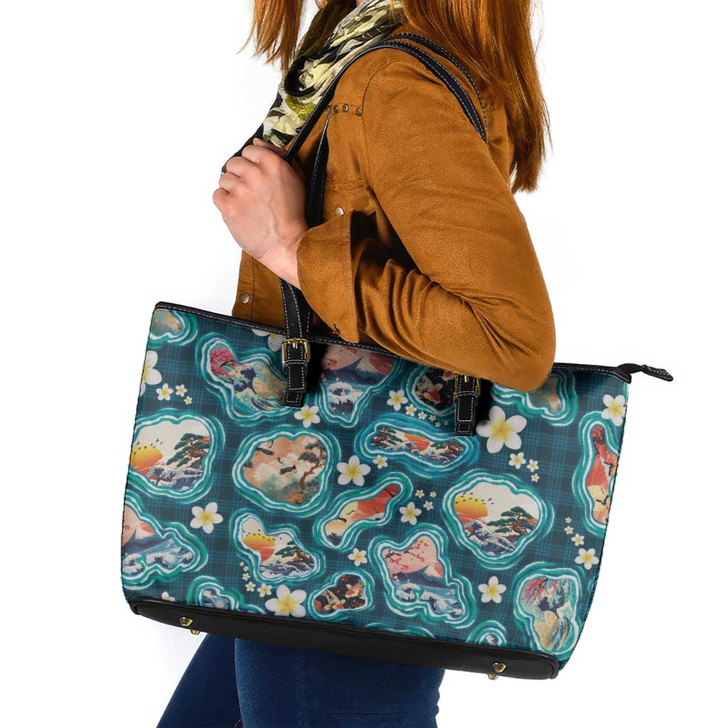 Hawaiian and Japanese Culture Together Leather Tote Bag Hawaiian Island Shapes with Japanese Landscape Teal Color