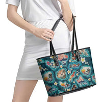 Hawaiian and Japanese Culture Together Leather Tote Bag Hawaiian Island Shapes with Japanese Landscape Teal Color