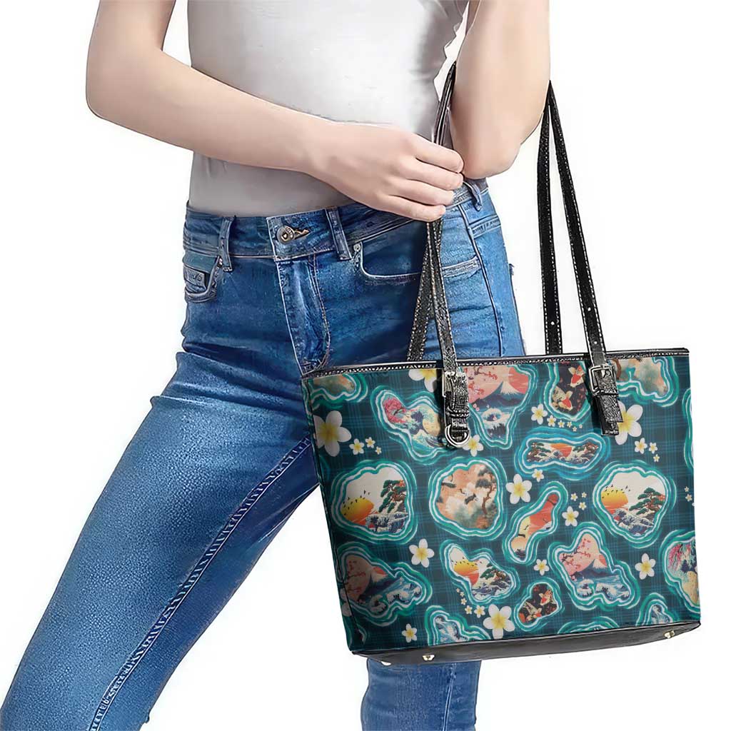 Hawaiian and Japanese Culture Together Leather Tote Bag Hawaiian Island Shapes with Japanese Landscape Teal Color