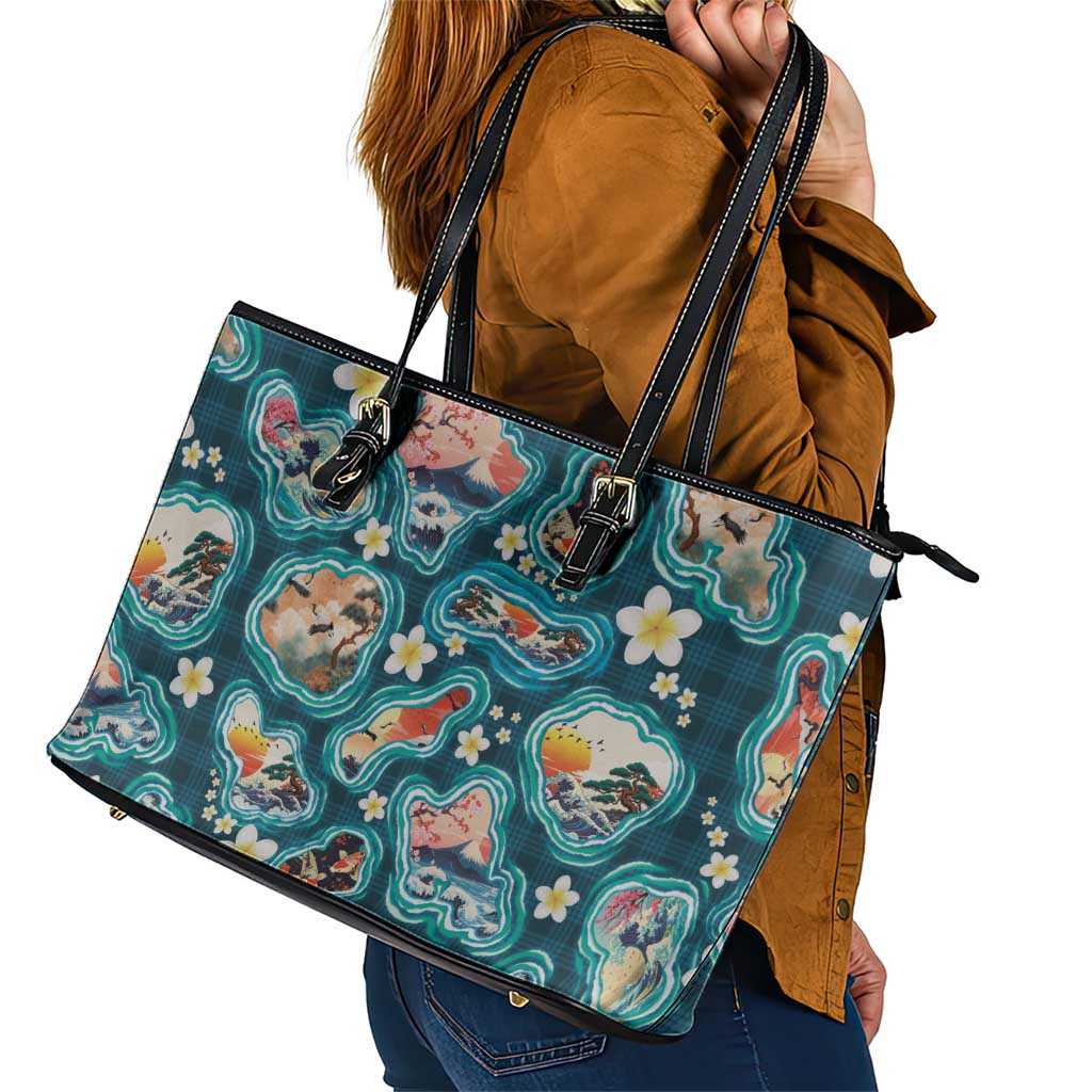 Hawaiian and Japanese Culture Together Leather Tote Bag Hawaiian Island Shapes with Japanese Landscape Teal Color
