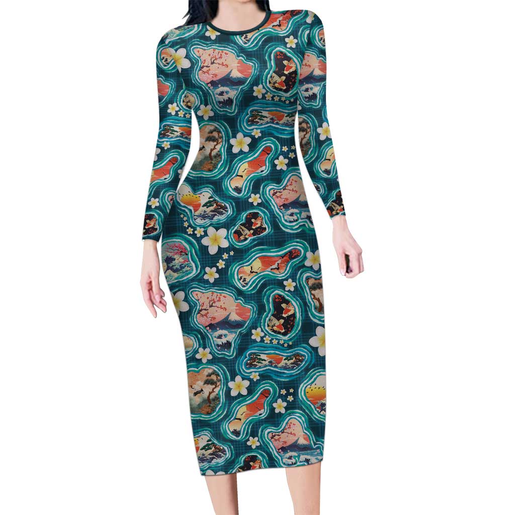 Hawaiian and Japanese Culture Together Long Sleeve Bodycon Dress Hawaiian Island Shapes with Japanese Landscape Teal Color LT03 Long Dress Teal - Polynesian Pride