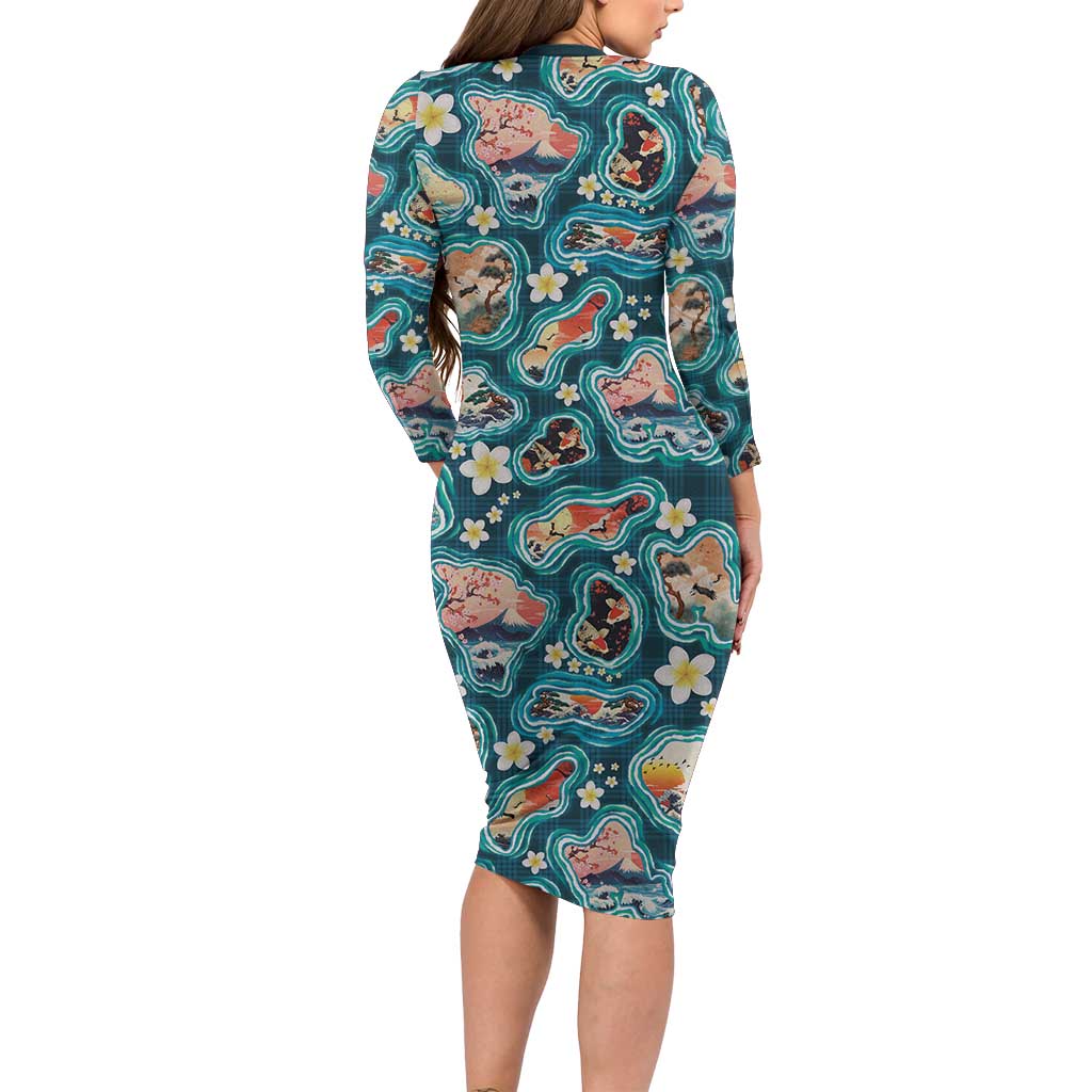 Hawaiian and Japanese Culture Together Long Sleeve Bodycon Dress Hawaiian Island Shapes with Japanese Landscape Teal Color LT03 - Polynesian Pride