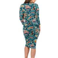Hawaiian and Japanese Culture Together Long Sleeve Bodycon Dress Hawaiian Island Shapes with Japanese Landscape Teal Color LT03 - Polynesian Pride