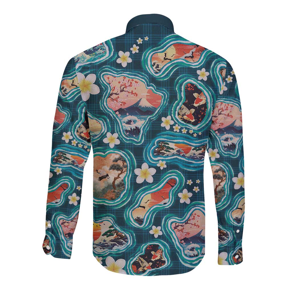 Hawaiian and Japanese Culture Together Long Sleeve Button Shirt Hawaiian Island Shapes with Japanese Landscape Teal Color