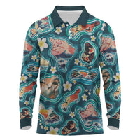 Hawaiian and Japanese Culture Together Long Sleeve Polo Shirt Hawaiian Island Shapes with Japanese Landscape Teal Color