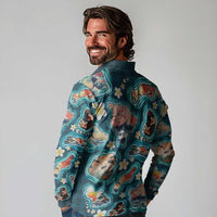 Hawaiian and Japanese Culture Together Long Sleeve Polo Shirt Hawaiian Island Shapes with Japanese Landscape Teal Color