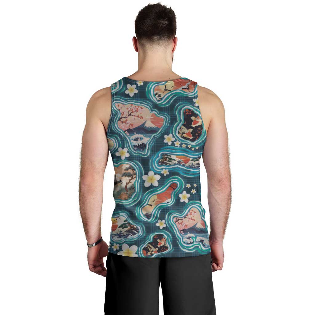Hawaiian and Japanese Culture Together Men Tank Top Hawaiian Island Shapes with Japanese Landscape Teal Color
